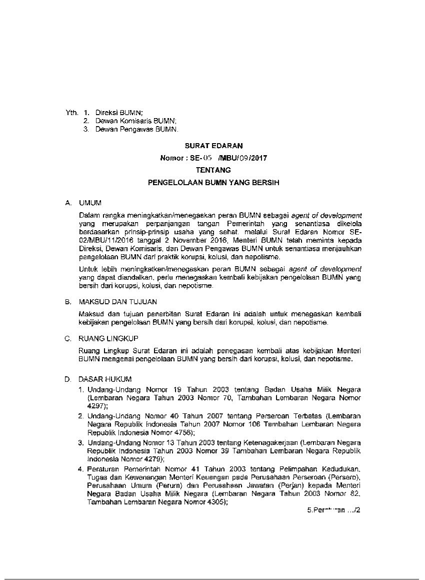 Surat Edaran Menteri BUMN No SE-05/MBU/09/2017 tahun 2017 tentang Pengelolaan BUMN Yang Bersih
