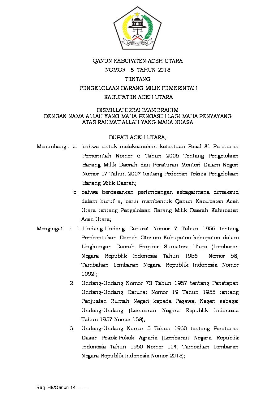 Qanun/Peraturan Daerah Kab. Aceh Utara No 8 tahun 2013 tentang Pengelolaan Barang Milik Pemerintah Kabupaten Aceh Utara
