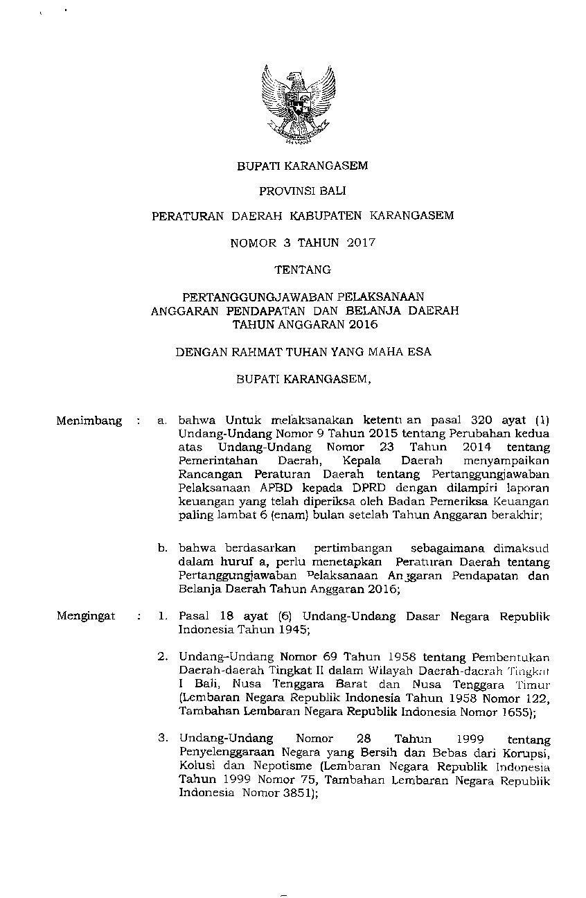 Peraturan Daerah Kab. Karangasem No 3 tahun 2017 tentang Pertanggungjawaban Pelaksanaan Anggaran Pendapatan dan Belanja Daerah Tahun Anggaran 2016
