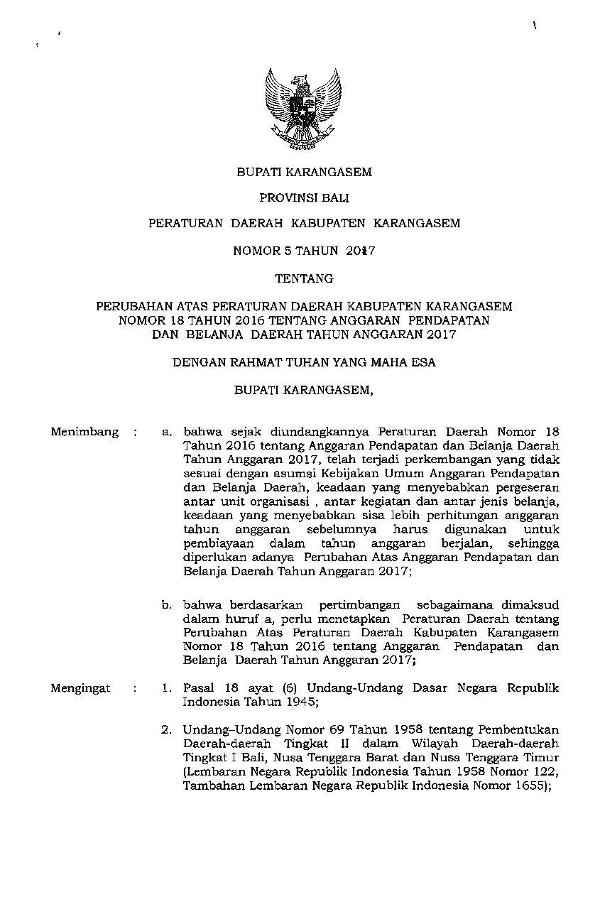 Peraturan Daerah Kab. Karangasem No 5 tahun 2017 tentang Perubahan atas Peraturan Daerah Kabupaten Karangasem Nomor 18 Tahun 2016 tentang Anggaran Pendapatan dan Belanja Daerah Tahun Anggaran 2017