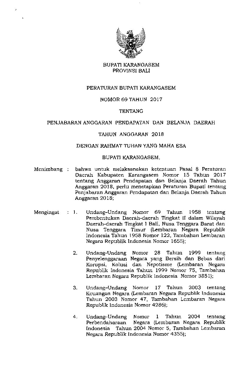 Peraturan Bupati Karangasem No 69 tahun 2017 tentang Penjabaran Anggaran Pendapatan dan Belanja Daerah