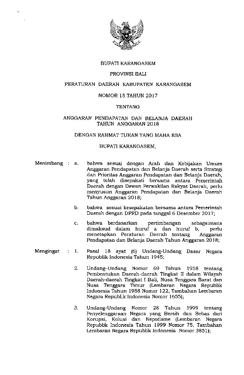 Peraturan Daerah Kab. Karangasem No 15 tahun 2017 tentang Anggaran Pendapatan dan Belanja Daerah Tahun Anggaran 2018