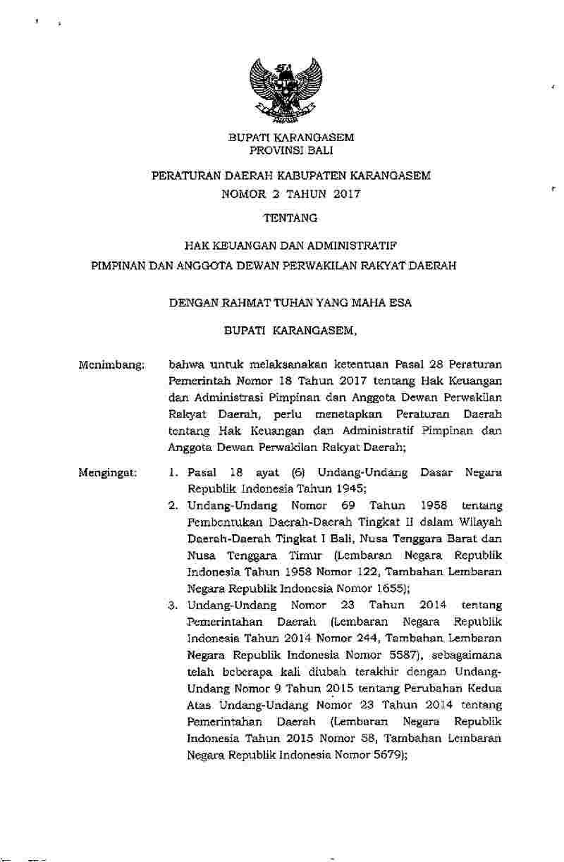 Peraturan Daerah Kab. Karangasem No 2 tahun 2017 tentang Hak Keuangan dan Administratif Pimpinan dan Anggota Dewan Perwakilan Rakyat Daerah