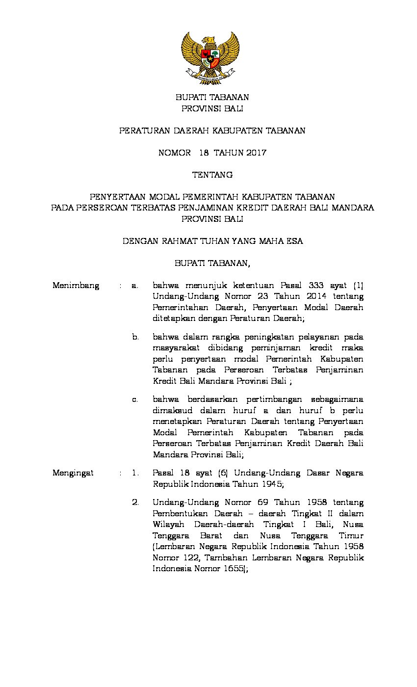 Peraturan Daerah Kab. Tabanan No 18 tahun 2017 tentang Penyertaan Modal Pemerintah Kabupaten Tabanan pada Perseroan Terbatas Penjaminan Kredit Daerah Bali Mandara Provinsi Bali