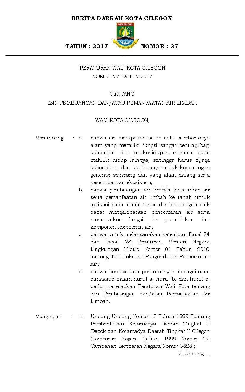 Peraturan Walikota Cilegon No 27 tahun 2017 tentang Izin Pembuangan dan/atau Pemanfaatan Air Limbah
