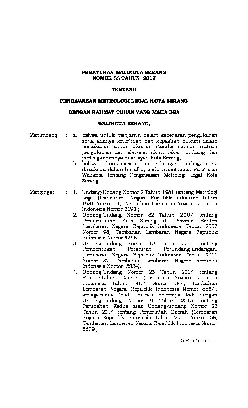 Peraturan Walikota Serang No 56 tahun 2017 tentang Pengawasan Metrologi Legal Kota Serang
