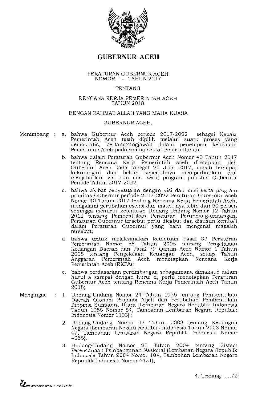 Peraturan Gubernur Nanggroe Aceh Darussalam No 44 tahun 2017 tentang Rencana Kerja Pemerintah Aceh Tahun 2018