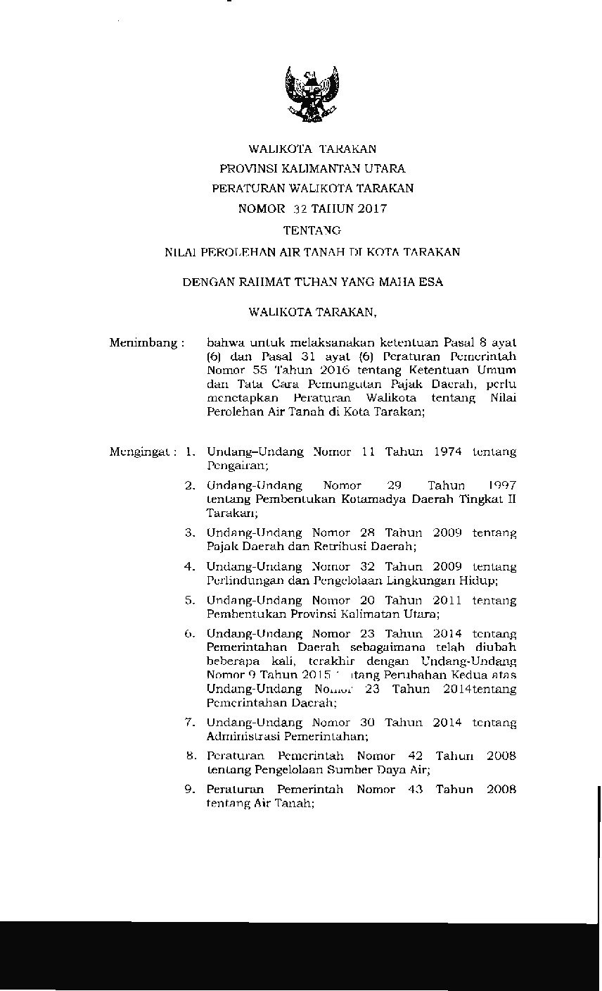 Peraturan Walikota Tarakan No 32 tahun 2017 tentang Nilai Perolehan Air Tanah di Kota Tarakan