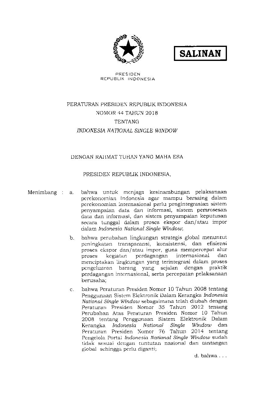 Peraturan Presiden No 44 tahun 2018 tentang Indonesia National Single Window