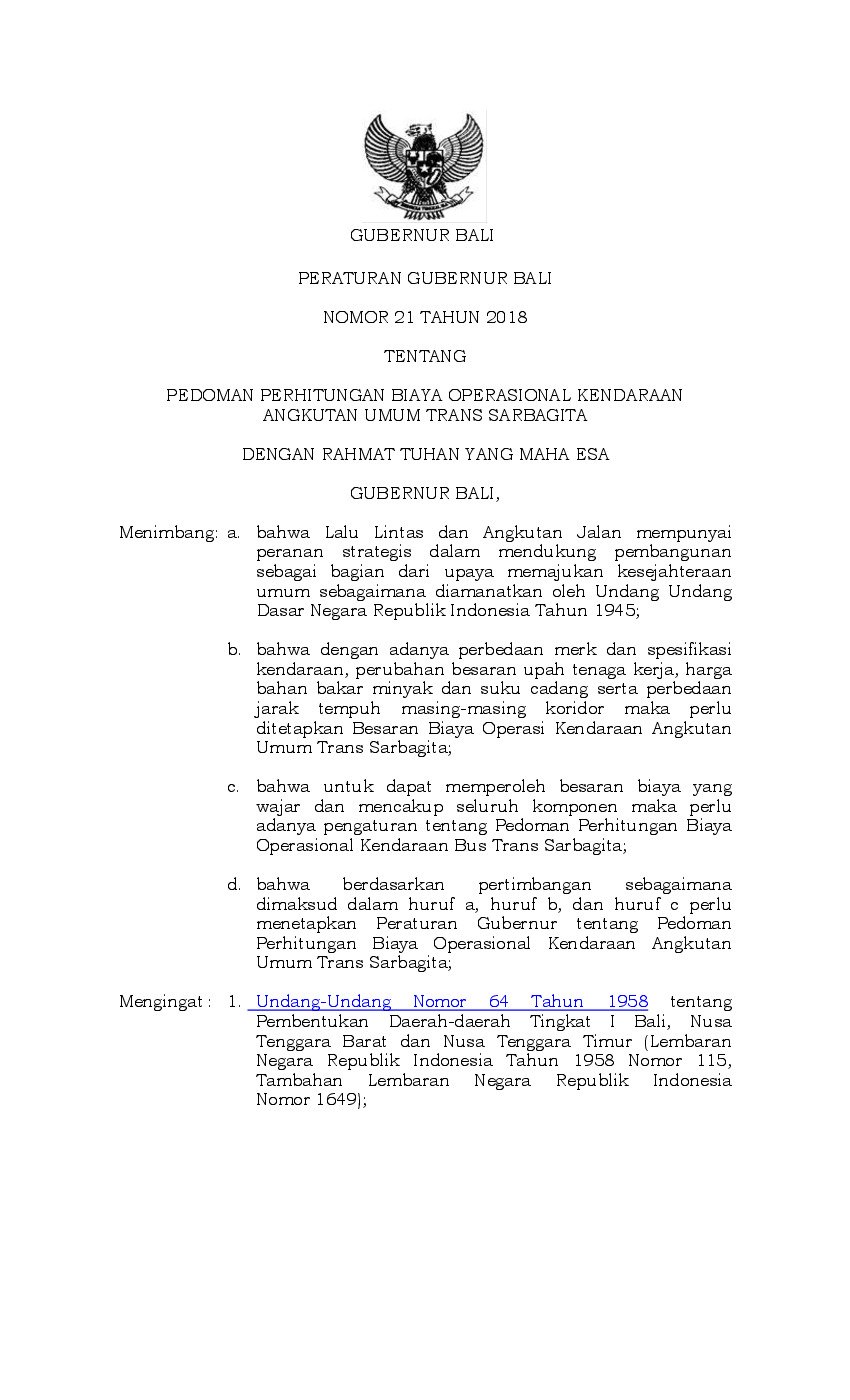 Peraturan Gubernur Bali No 21 tahun 2018 tentang Pedoman Perhitungan Biaya Operasional Kendaraan Angkutan Umum Trans Sarbagita