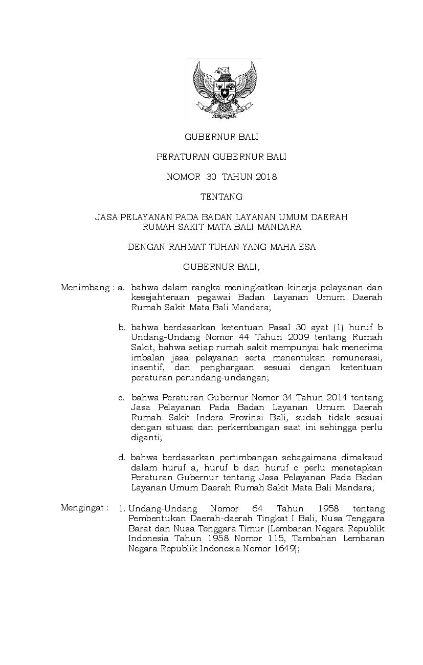Peraturan Gubernur Bali No 30 tahun 2018 tentang Jasa Pelayanan pada Badan Layanan Umum Daerah Rumah Sakit Mata Bali Mandara