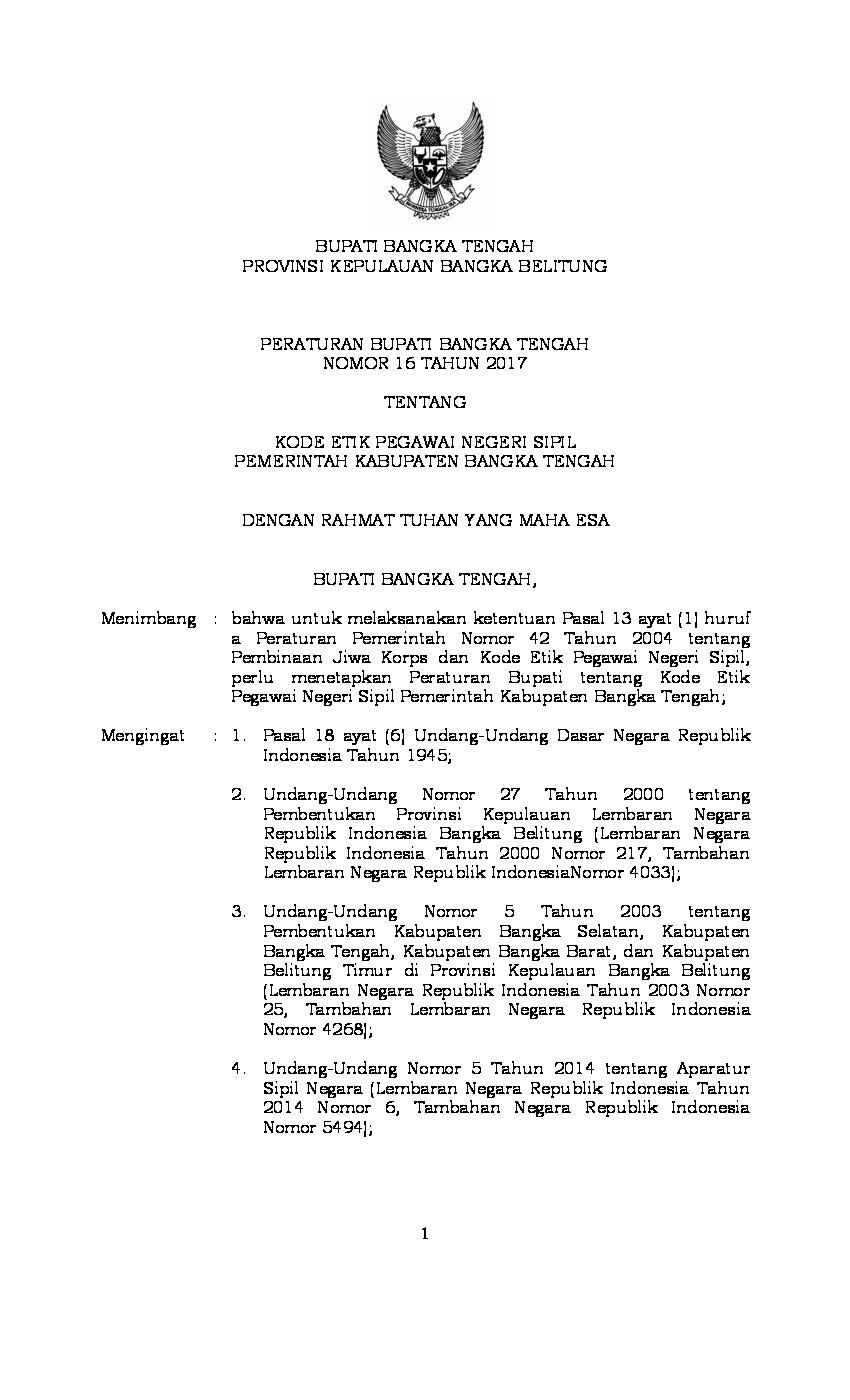 Peraturan Bupati Bangka Tengah No 16 tahun 2017 tentang Kode Etik Pegawai Negeri Sipil Pemerintah Kabupaten Bangka Tengah