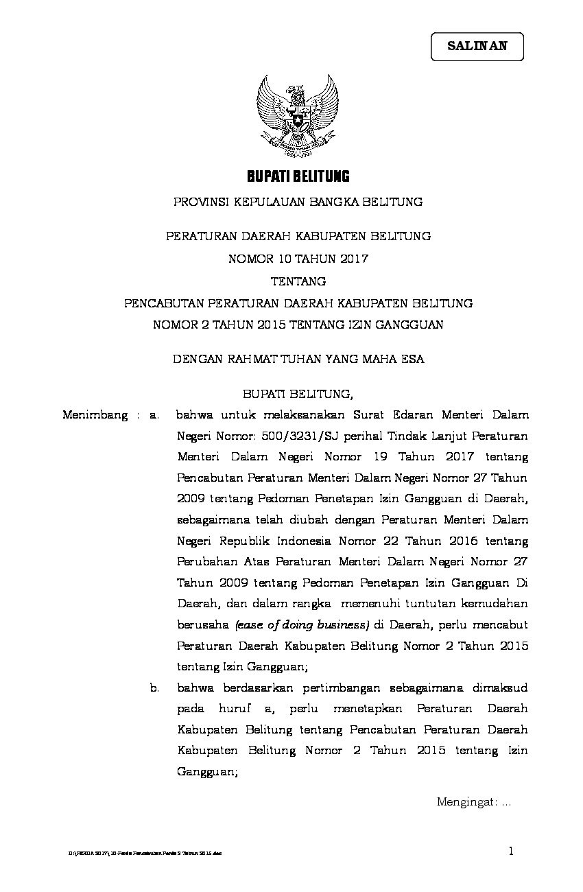Peraturan Daerah Kab. Belitung No 10 tahun 2017 tentang Pencabutan Peraturan Daerah Kabupaten Belitung Nomor 2 Tahun 2015 tentang Izin Gangguan