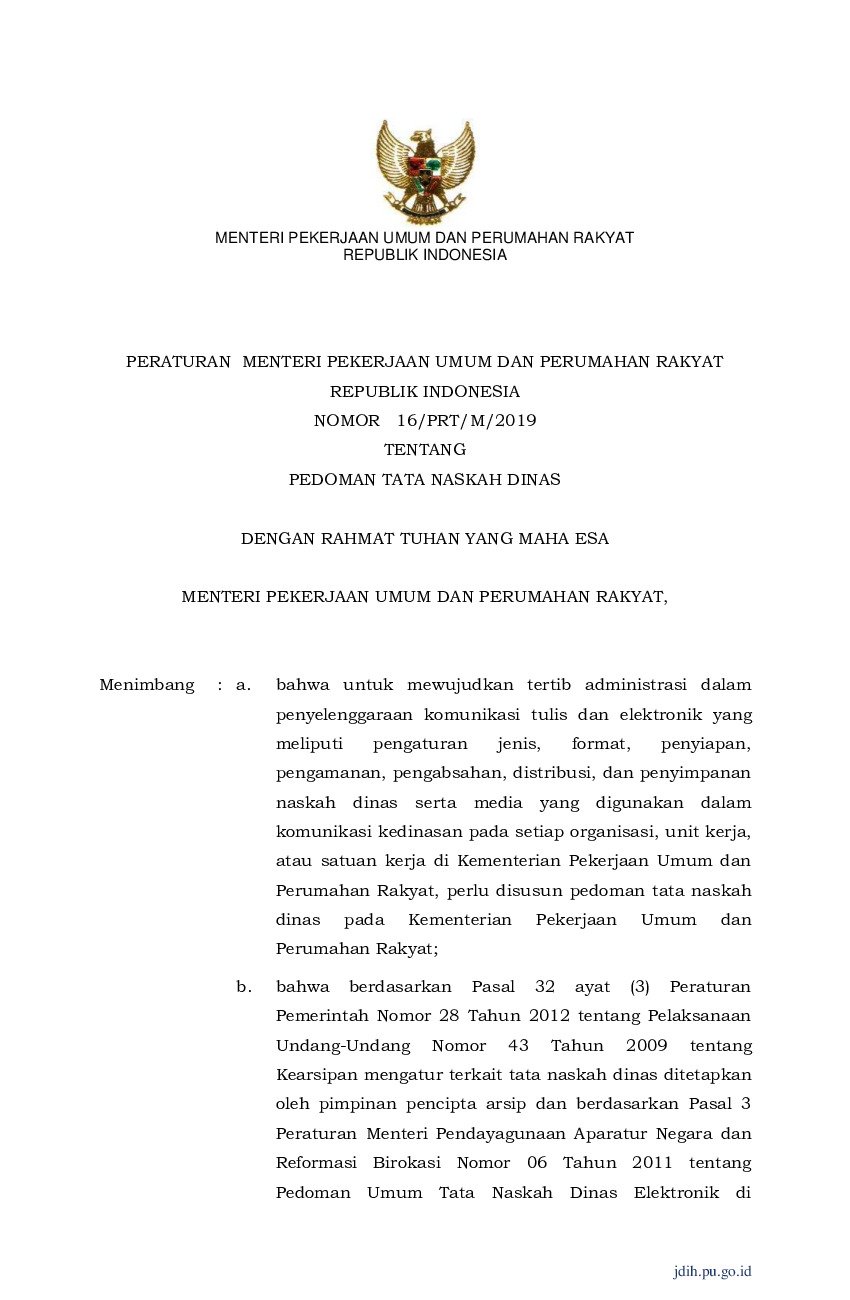 Peraturan Menteri Pekerjaan Umum Dan Perumahan Rakyat No 16 PRT M 2019