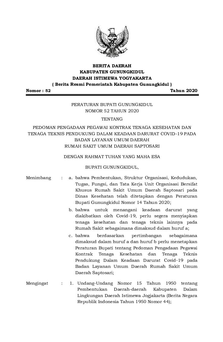Peraturan Bupati Gunung Kidul No 52 tahun 2020 tentang Pedoman Pengadaan Pegawai Kontrak Tenaga Kesehatan dan Tenaga Teknis Pendukung Dalam Keadaan Darurat Covid-19 Pada Badan Layanan Umum Daerah Rumah Sakit Umum Daerah SaPTosari