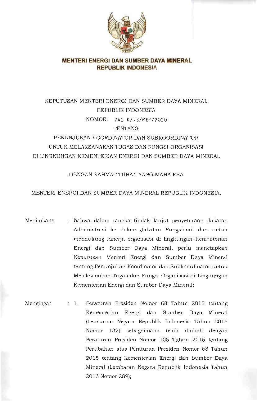 Keputusan Menteri Energi Dan Sumber Daya Mineral No 241 K 73 MEM 2020