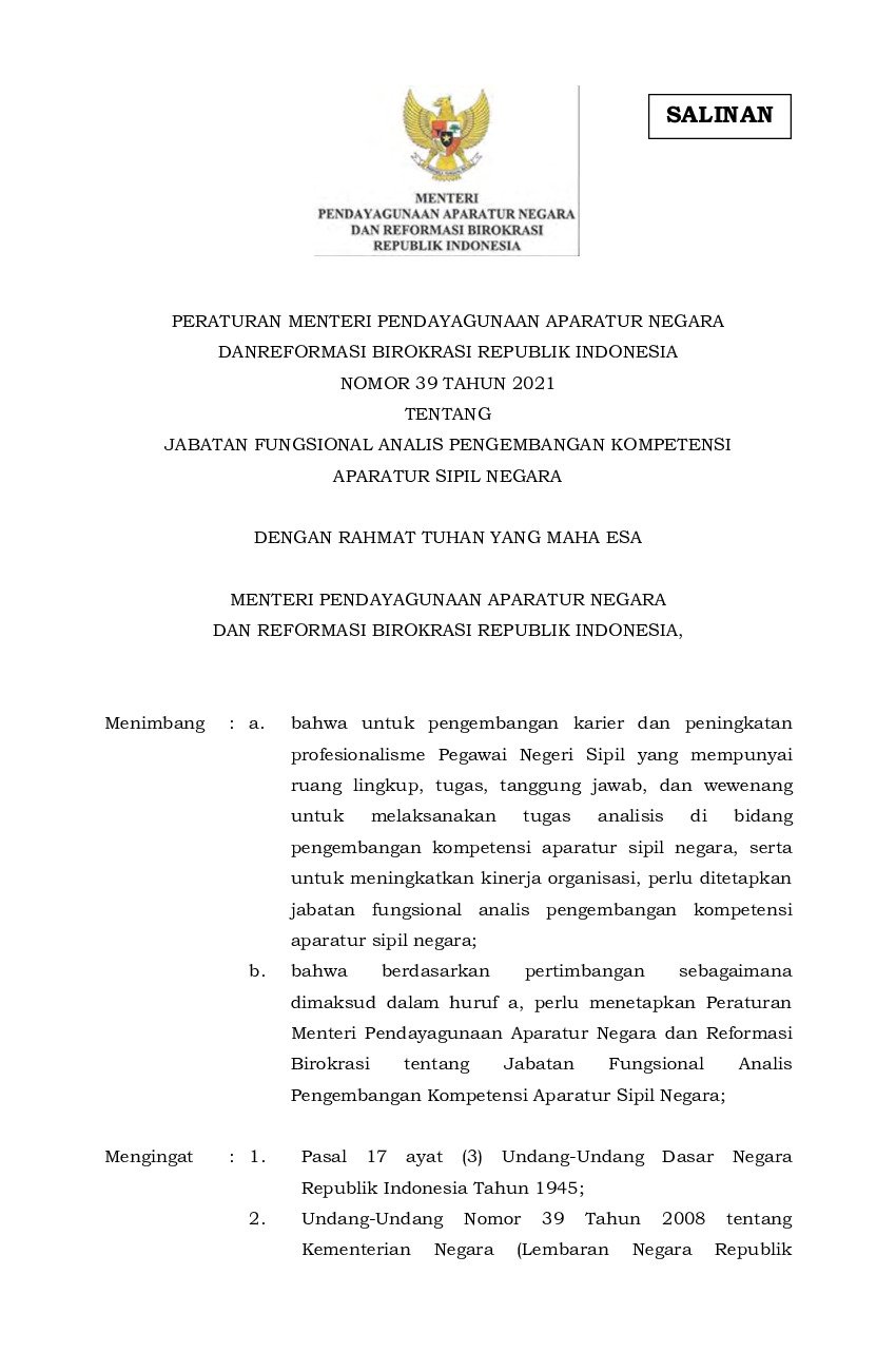 Peraturan Menteri Negara Pendayagunaan Aparatur Negara Dan Reformasi