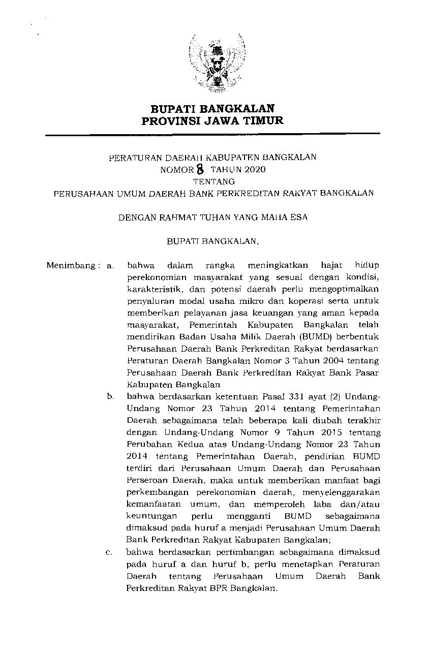 Peraturan Daerah Kab Bangkalan No 8 Tahun 2020 Tentang Perusahaan Umum