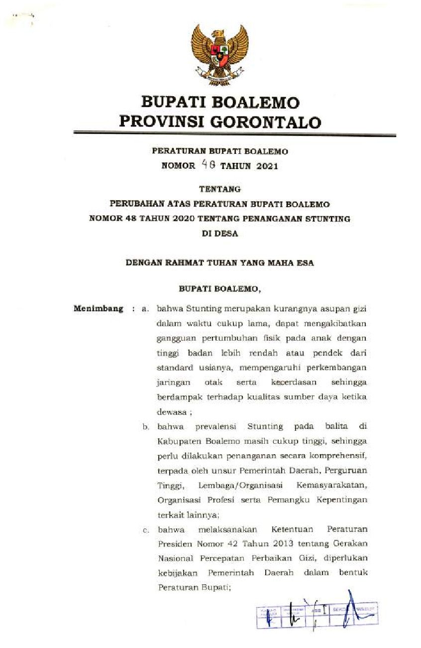 Peraturan Bupati Boalemo No 48 Tahun 2021 Tentang Perubahan Atas