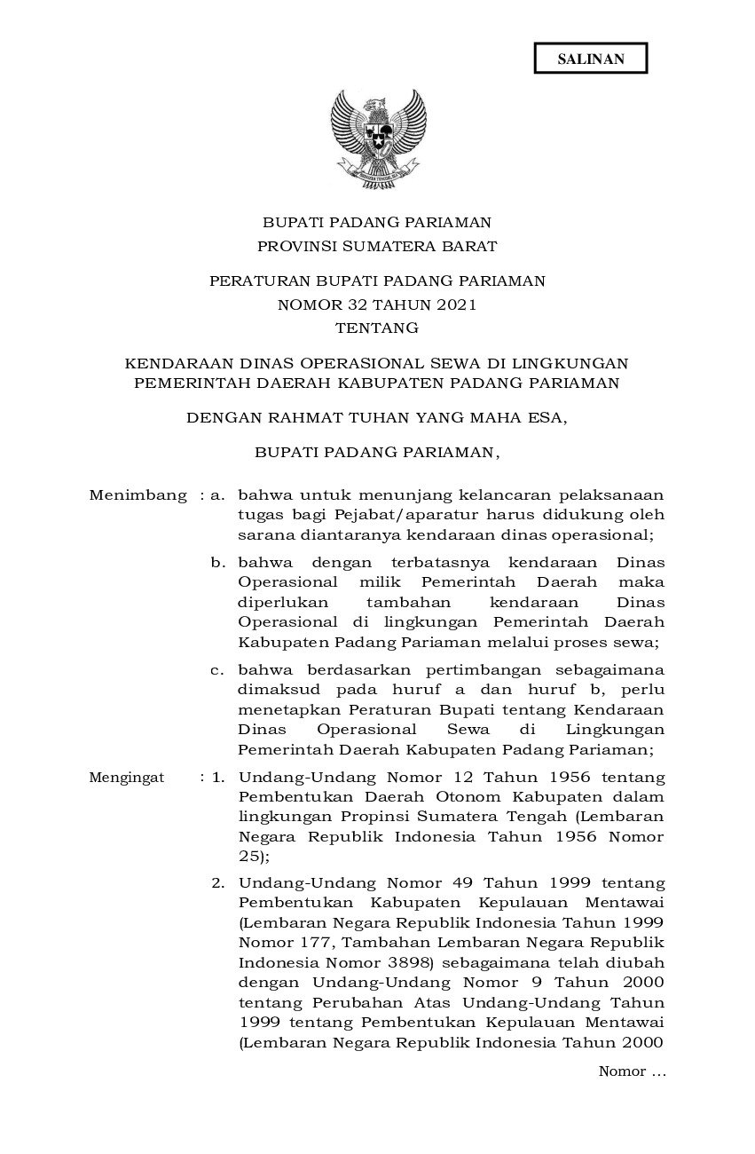 Peraturan Bupati Padang Pariaman No 32 Tahun 2021 Tentang Kendaraan