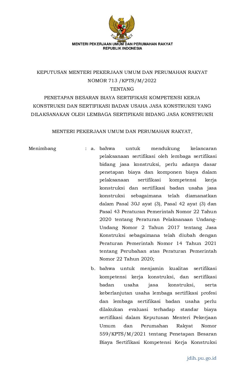 Keputusan Menteri Pekerjaan Umum Dan Perumahan Rakyat No 713 KPTS M