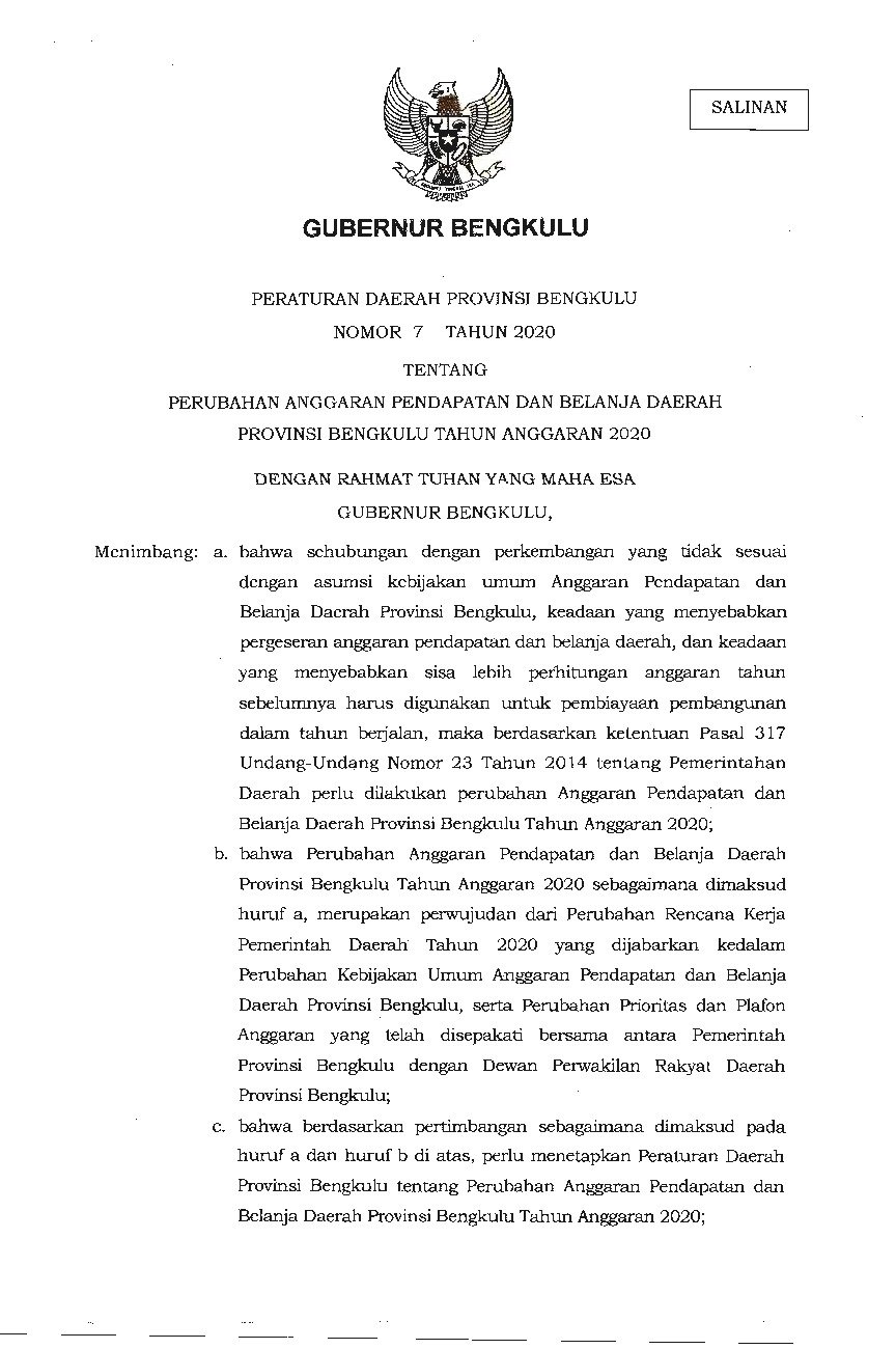 Peraturan Daerah Provinsi Bengkulu No 7 Tahun 2020 Tentang Perubahan