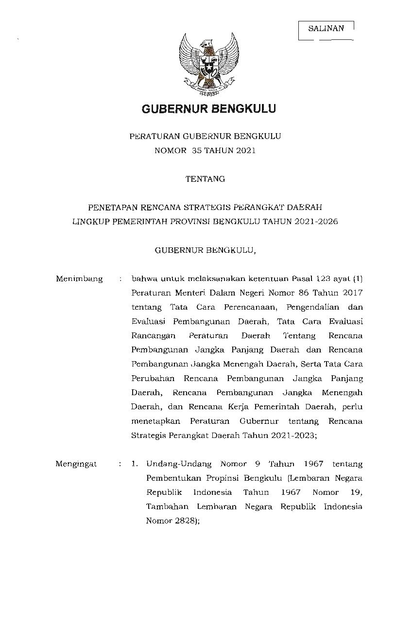 Peraturan Gubernur Bengkulu No Tahun Tentang Penetapan Rencana