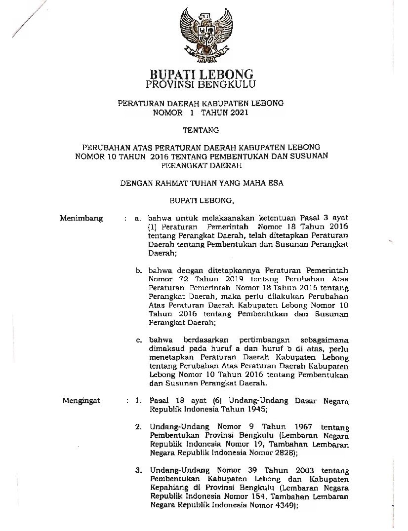 Peraturan Daerah Kab Lebong No Tahun Tentang Perubahan Atas