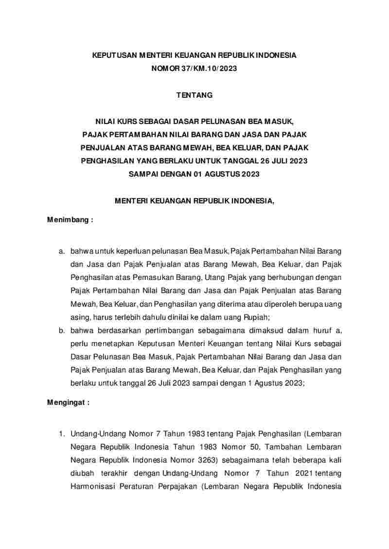 Keputusan Menteri Keuangan No 37 KM 10 2023 Tahun 2023 Tentang Nilai