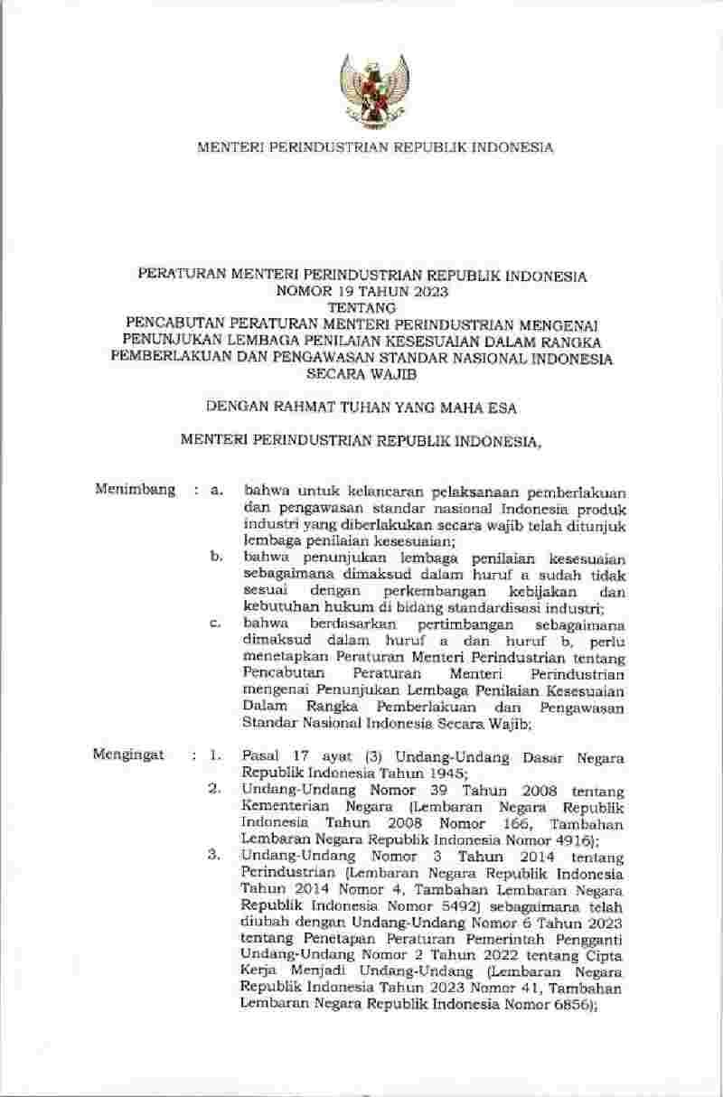 Peraturan Menteri Perindustrian No 19 Tahun 2023 Tentang Pencabutan