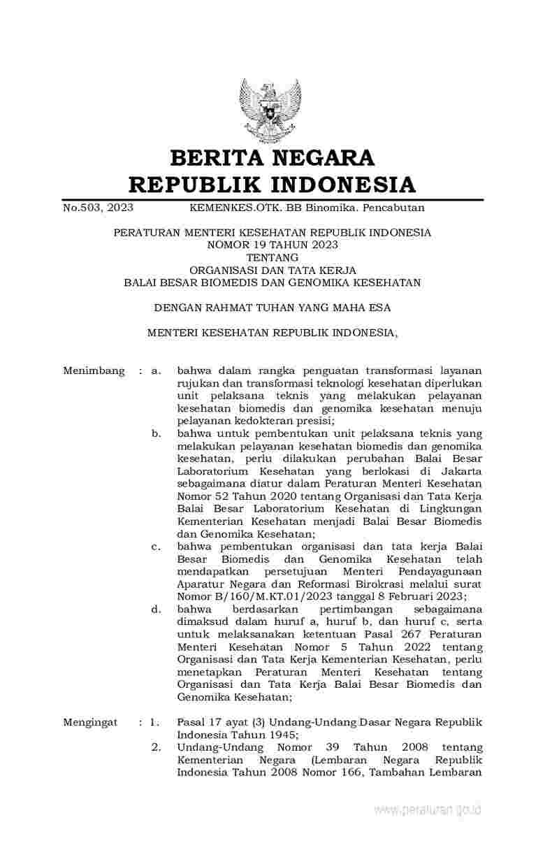 Peraturan Menteri Kesehatan No 19 Tahun 2023 Tentang Organisasi Dan