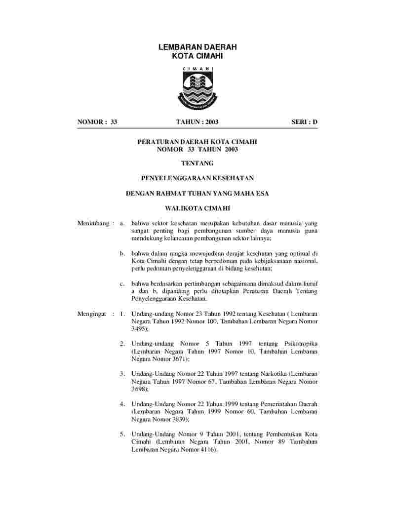 Peraturan Daerah Kota Cimahi No 33 tahun 2003 tentang Penyelenggaraan Kesehatan