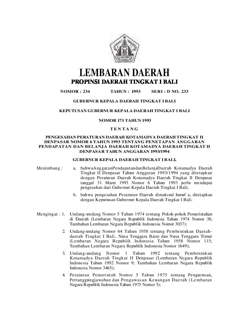 Keputusan Gubernur Bali No 171 tahun 1993 tentang Pengesahan Peraturan Daerah Kotamadya Daerah Tingkat II Denpasar Nomor 6 Tahun 1993 Tentang Penetapan Anggaran Pendapatan Dan Belanja Daerah Kotamadya Daerah Tingkat II Denpasar Tahun Anggaran 1993/1994