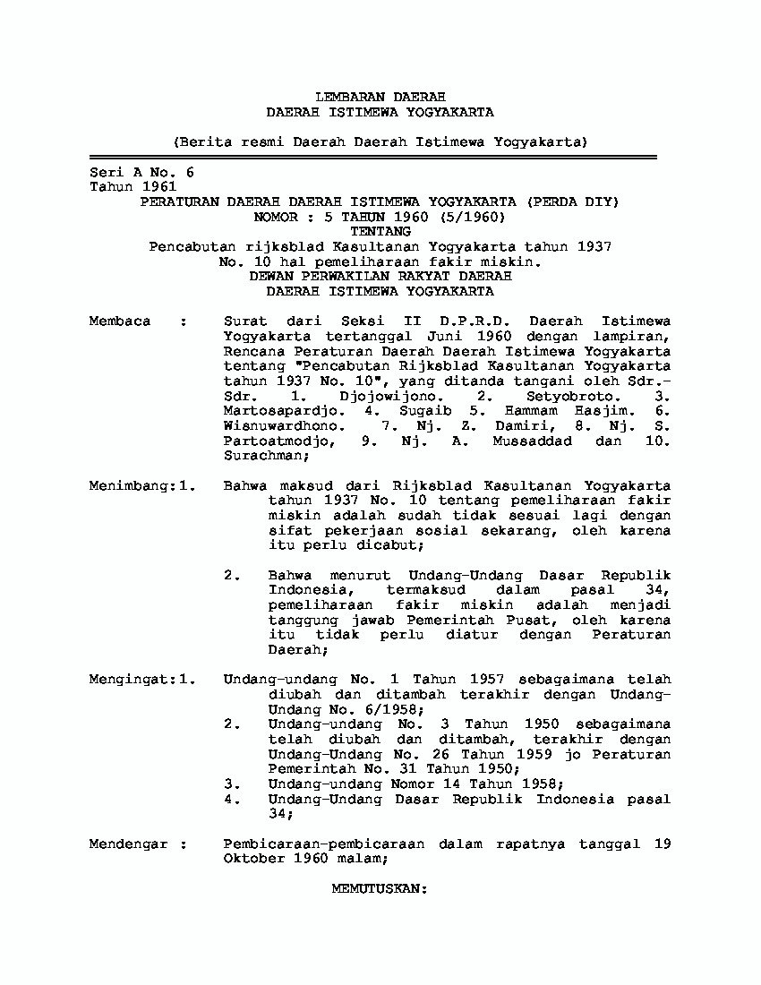 Peraturan Daerah Provinsi DI Yogyakarta No 5 tahun 1960 tentang Pencabutan Rijksblad Kasultanan Yogyakarta Tahun 1937 No. 10 Hal Pemeliharaan Fakir Miskin