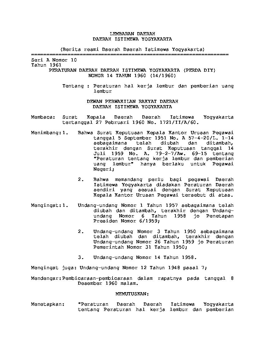 Peraturan Daerah Provinsi DI Yogyakarta No 14 tahun 1960 tentang Peraturan Hal Kerja Lembur Dan Pemberian Uang Lembur