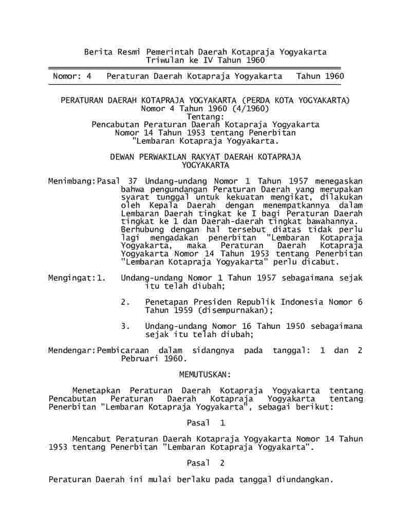 Peraturan Daerah Kota Yogyakarta No 4 tahun 1960 tentang Pencabutan Peraturan Daerah Kotapraja Yogyakarta Nomor 14 Tahun 1953 Tentang Penerbitan Lembaran Kotapraja Yogyakarta