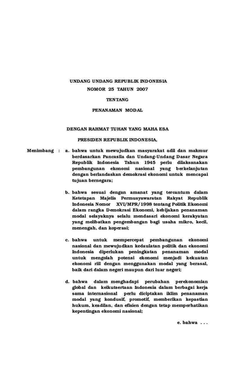 Undang Undang No 25 tahun 2007 tentang Penanaman Modal