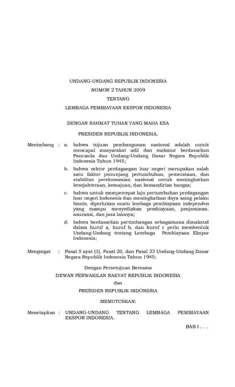 Undang-Undang No 2 tahun 2009 tentang Lembaga Pembiayaan Ekspor Indonesia