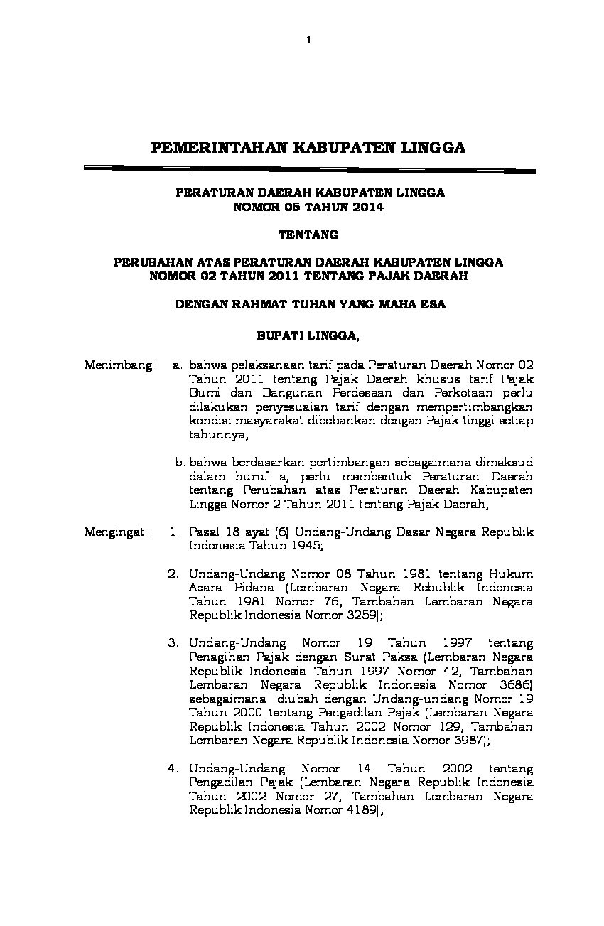 Peraturan Daerah Kab. Lingga No 5 tahun 2014 tentang Perubahan Atas Peraturan Daerah Kabupaten Lingga Nomor 02 Tahun 2011 Tentang Pajak Daerah