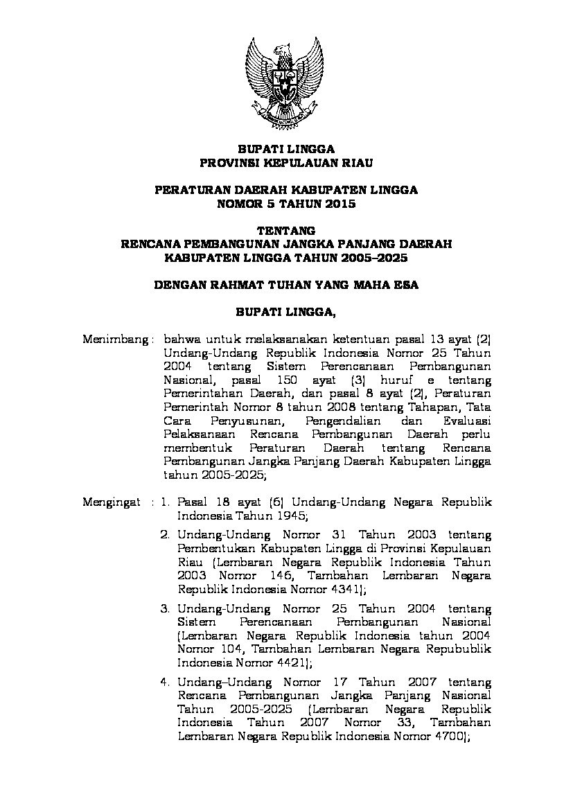 Peraturan Daerah Kab. Lingga No 5 tahun 2015 tentang Rencana Pembangunan Jangka Panjang Daerah Kabupaten Lingga Tahun 2005-2025