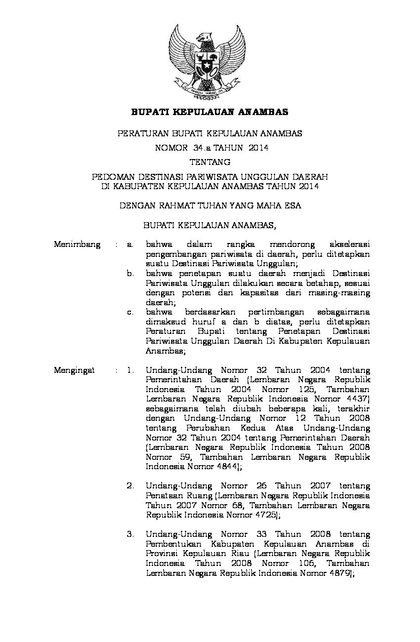 Peraturan Bupati Anambas No 34.a tahun 2014 tentang Pedoman Destinasi Pariwisata Unggulan Daerah Di Kabupaten Kepulauan Anambas Tahun 2014