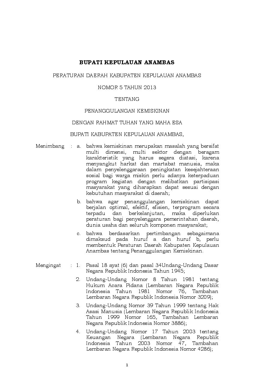 Peraturan Daerah Kab. Kepulauan Anambas No 5 tahun 2013 tentang Penanggulangan Kemiskinan