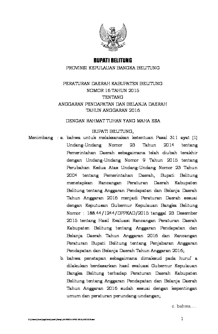 Peraturan Daerah Kab. Belitung No 16 tahun 2015 tentang Anggaran Pendapatan Dan Belanja Daerah Tahun Anggaran 2016