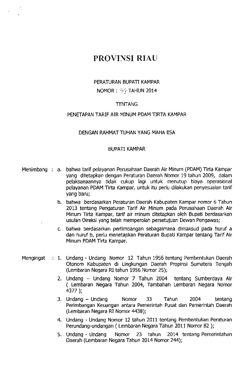 Peraturan Bupati Kampar No 54 tahun 2014 tentang Penetapan Tarif Air Minum Pdam Tirta Kampar