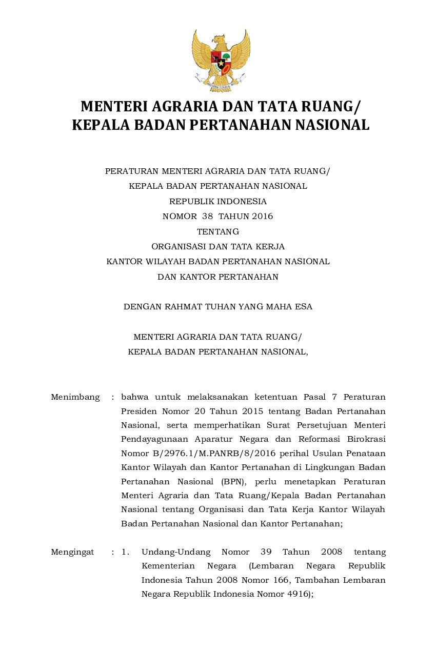 Peraturan Kepala Badan Pertanahan Nasional No 38 Tahun 2016 Tentang ...