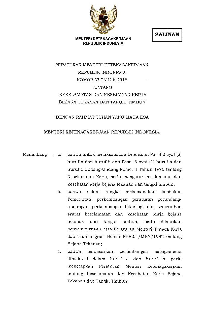 Peraturan Menteri Ketenagakerjaan No 37 tahun 2016 tentang Keselamatan Dan Kesehatan Kerja Bejana Tekanan Dan Tangki Timbun