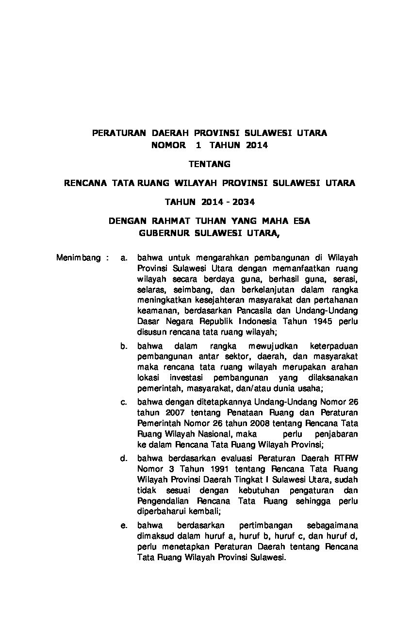 Peraturan Daerah Provinsi Sulawesi Utara No 1 tahun 2014 tentang Rencana Tata Ruang Wilayah Provinsi Sulawesi Utara Tahun 2014 - 2034