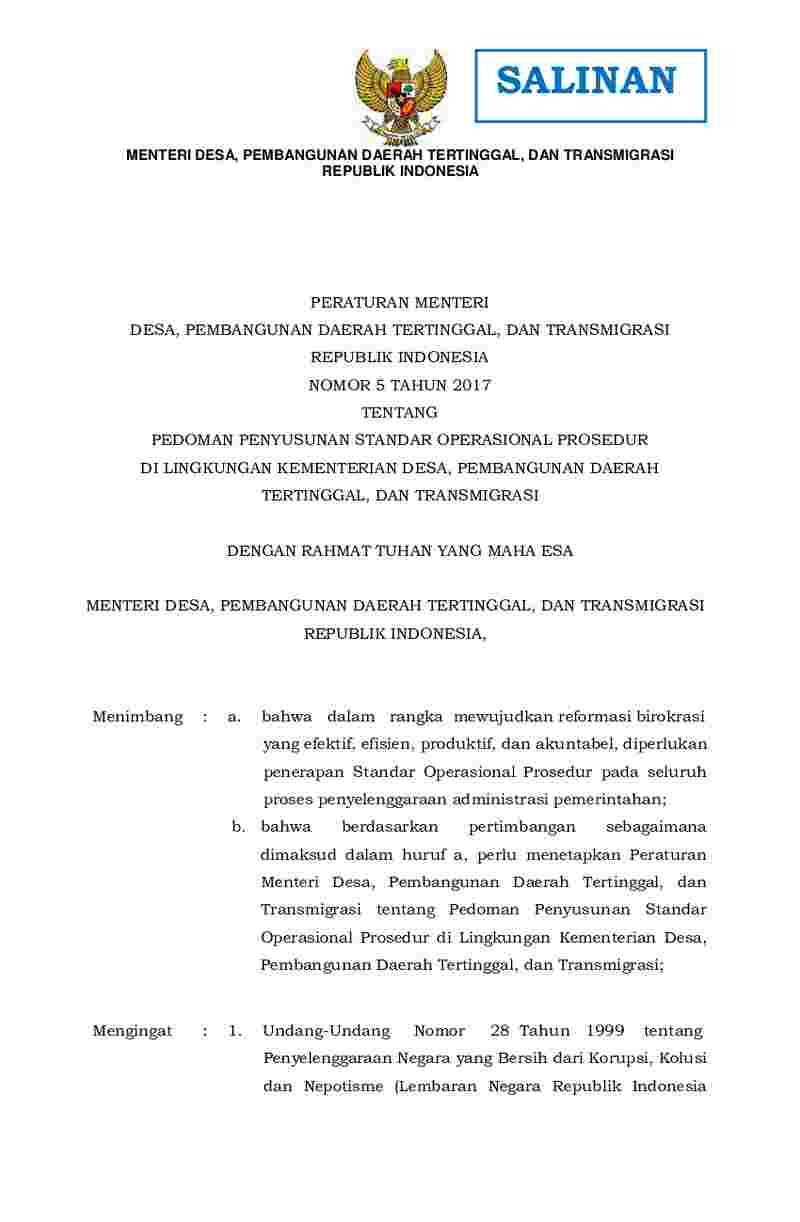 Peraturan Menteri Desa, Pembangunan Daerah Tertinggal, Dan Transmigrasi No 5 tahun 2017 tentang Pedoman Penyusunan Standar Operasional Prosedur Di Lingkungan Kementerian Desa, Pembangunan Daerah Tertinggal, Dan Transmigrasi