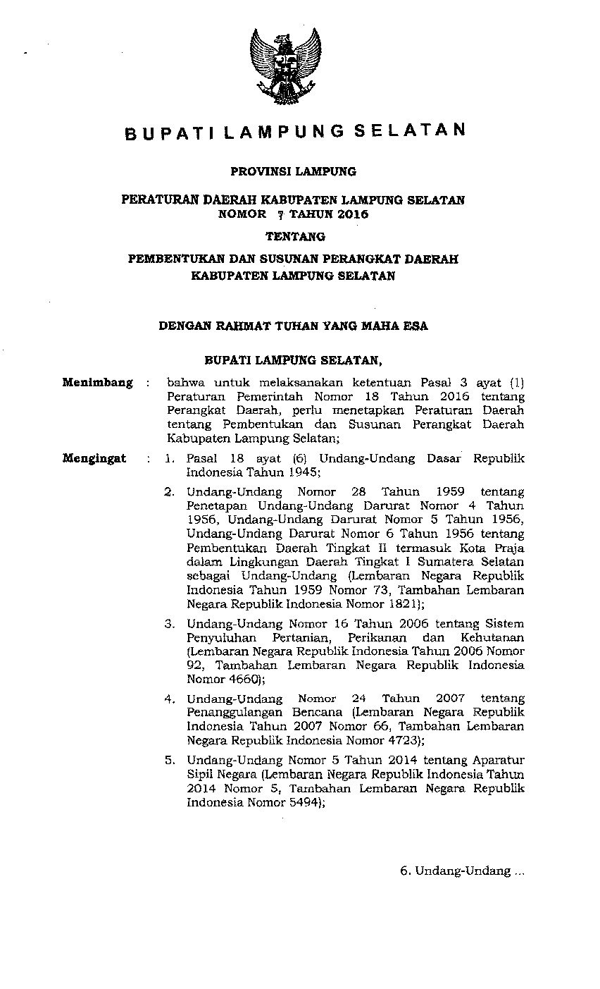 Peraturan Daerah Kab. Lampung Selatan No 7 tahun 2016 tentang Pembentukan Dan Susunan Perangkat Daerah Kabupaten Lampung Selatan