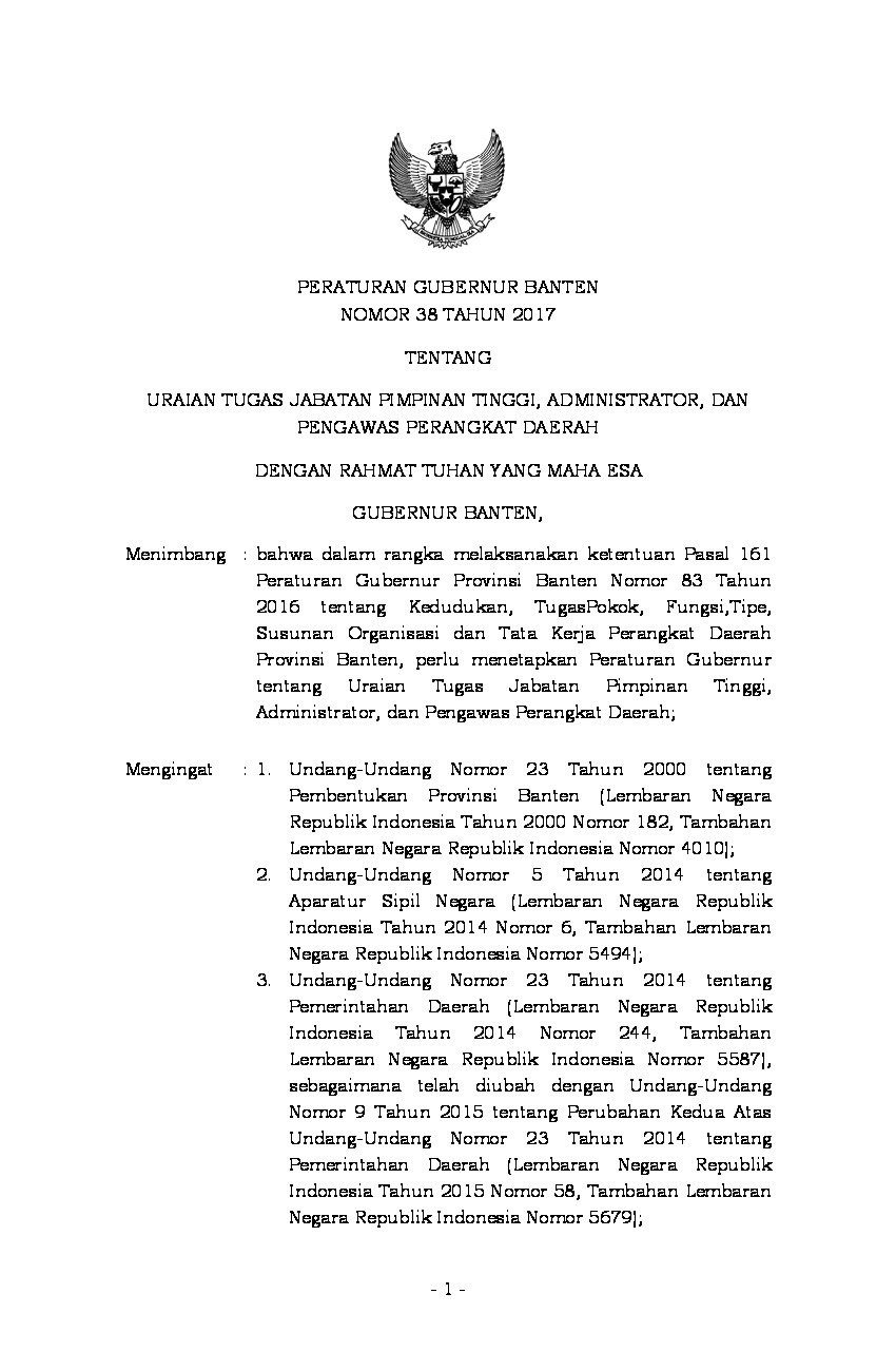 Peraturan Gubernur Banten No 38 tahun 2017 tentang Uraian Tugas Jabatan Pimpinan Tinggi, Administrator, Dan Pengawas Perangkat Daerah